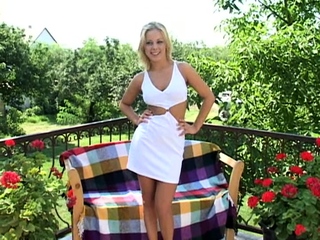 Amateur blonde Kaira in mini skirt masturbation scene